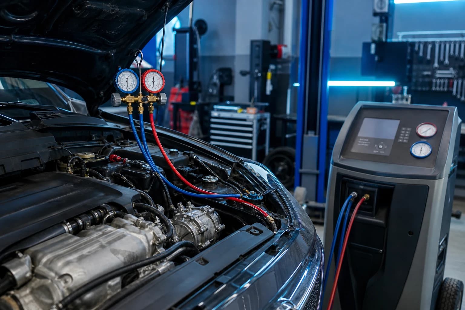 Car air conditioning service with diagnostic gauges