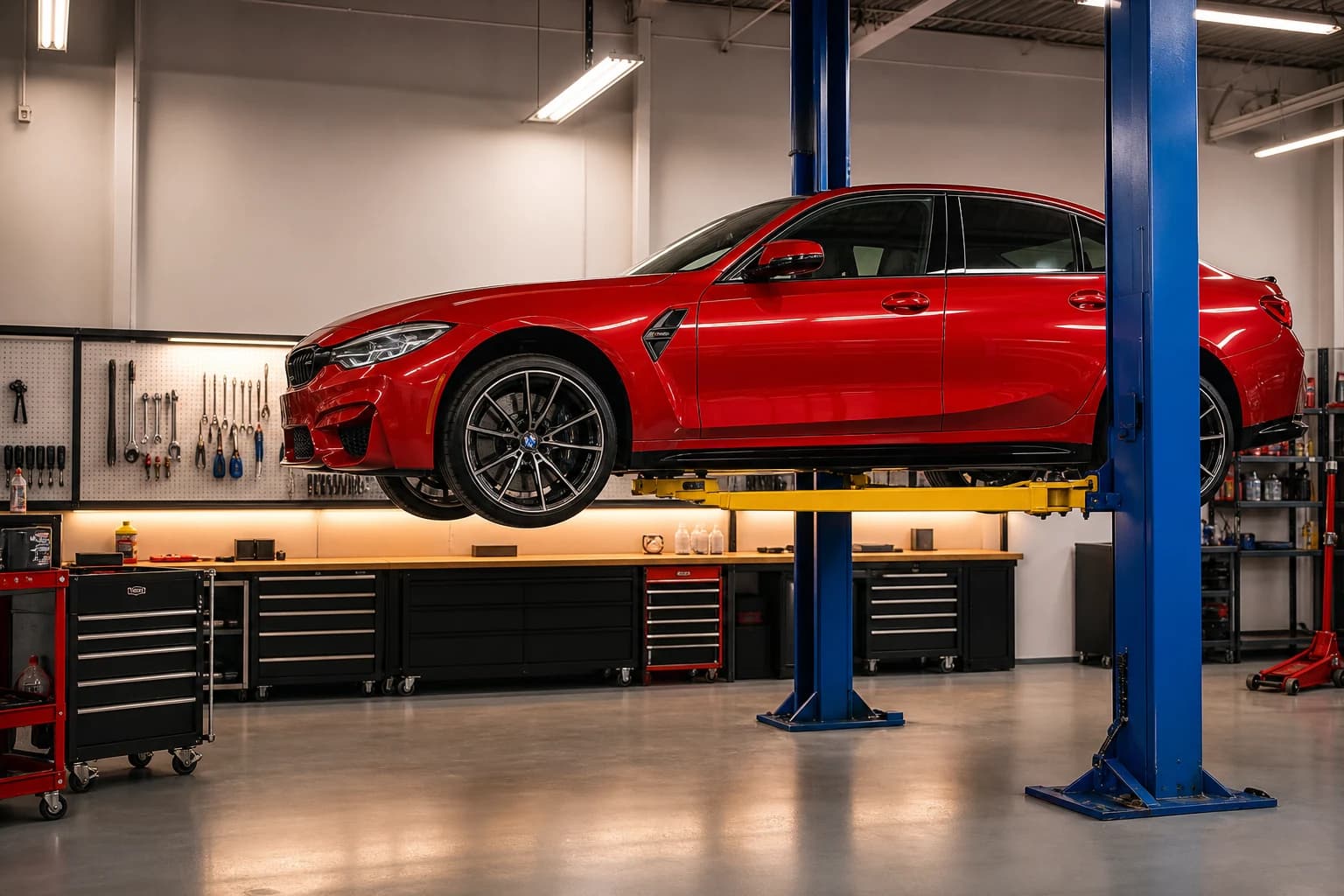 Vehicles on lifts in the workshop