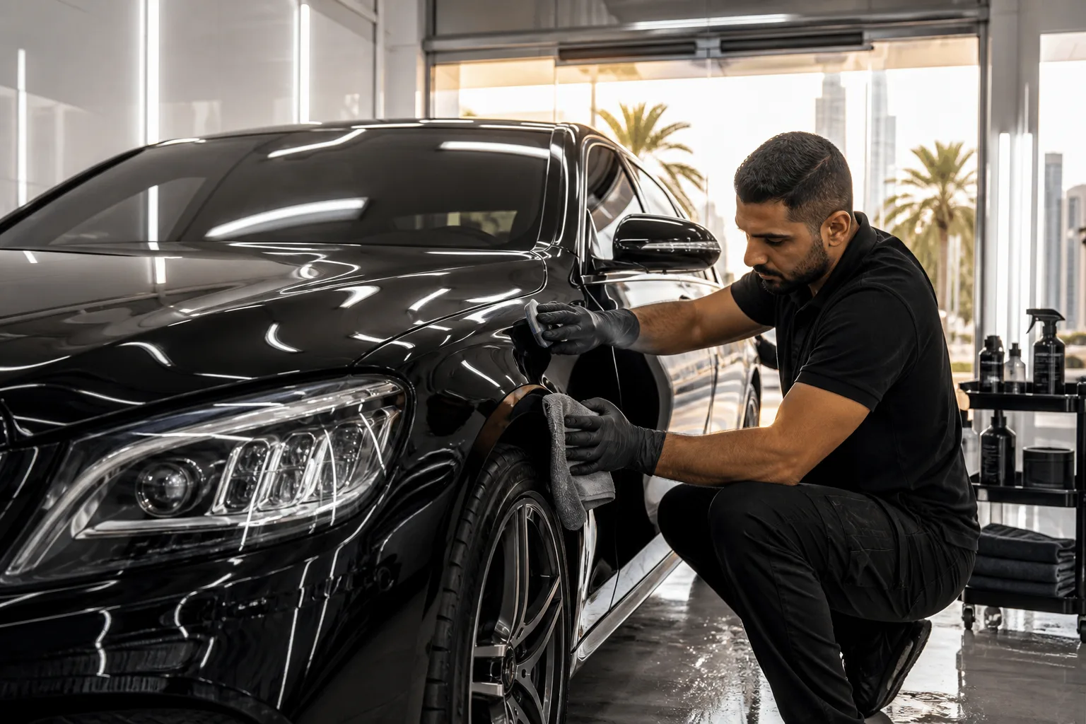 Luxury sedan receiving professional ceramic coating and exterior detailing