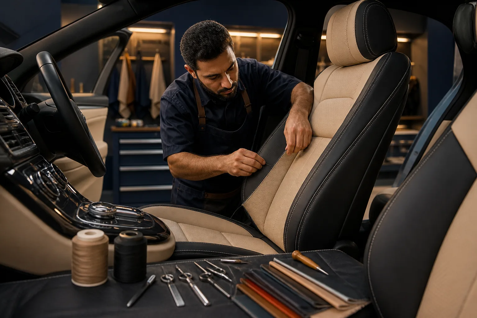 Technician reupholstering luxury car seats with premium leather in a workshop