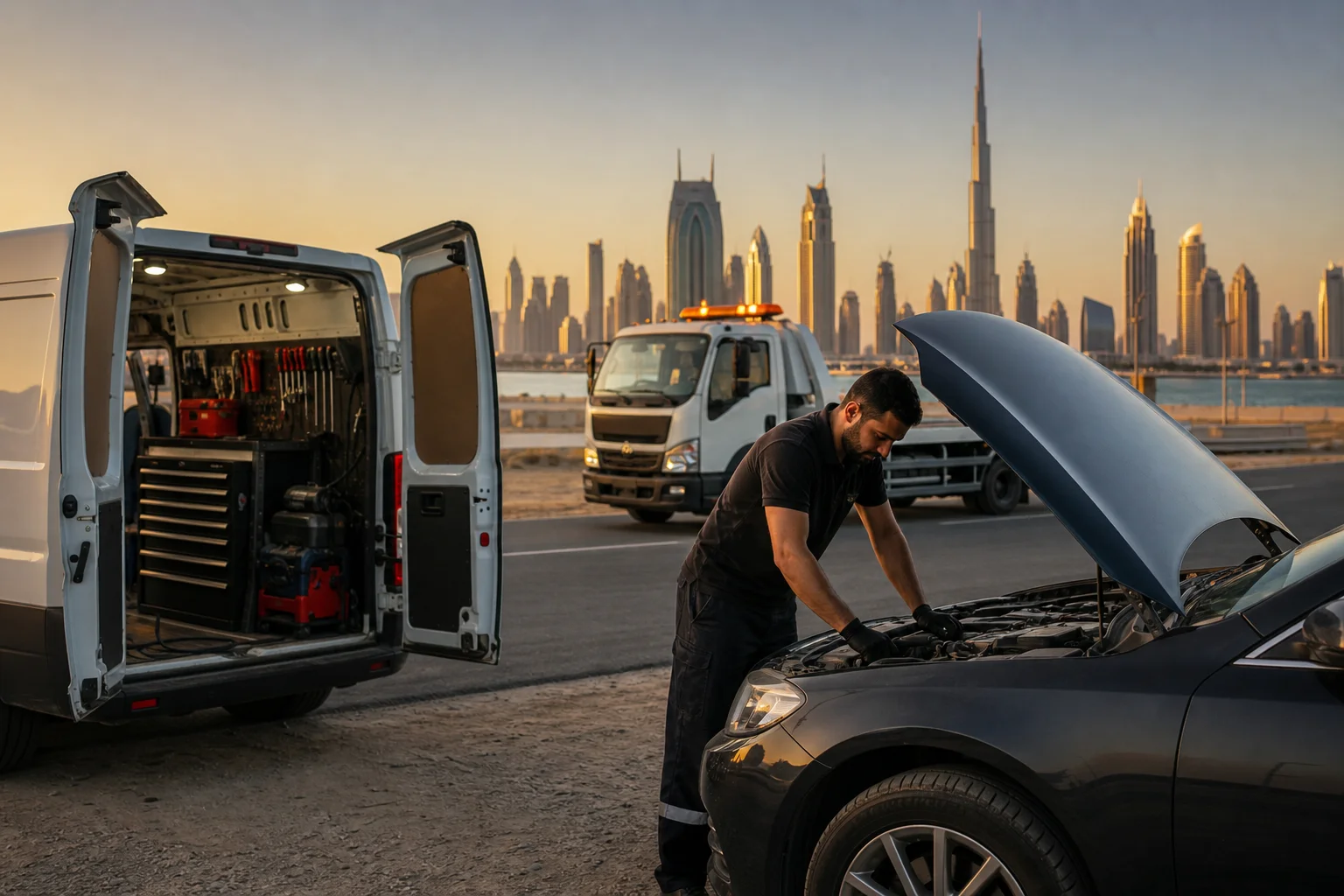 Mobile garage technician inspecting a car engine beside a service van with Dubai skyline