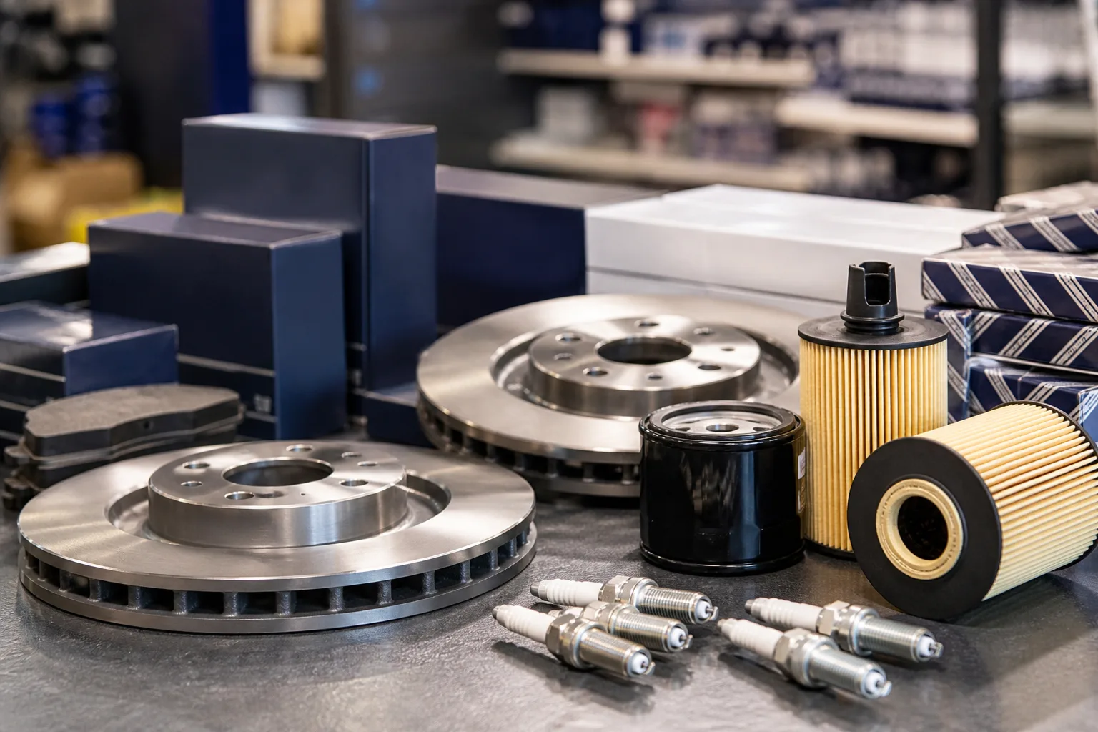 Genuine and aftermarket automotive spare parts arranged on a workshop counter